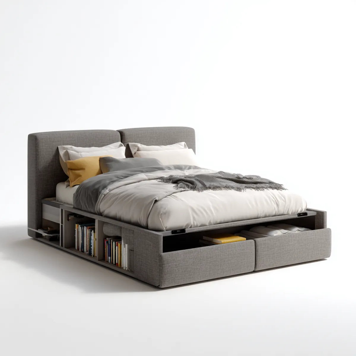Lit double avec rangement gris 160 x 200 cm en MDF et polyester rectangulaire