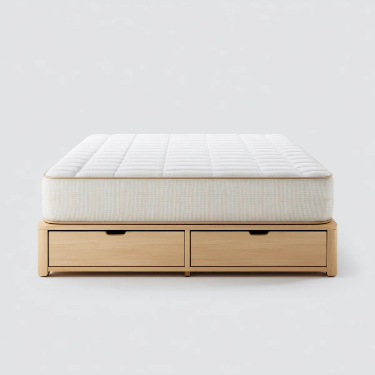 Lit avec rangement 160 x 200 cm chêne clair et beige en MDF et polyester avec matelas rectangulaire