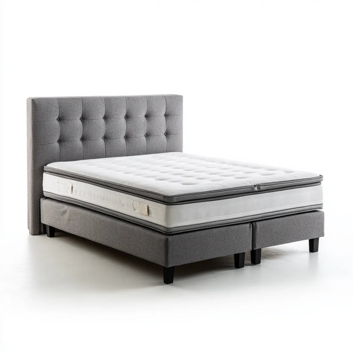 Lit double boxspring gris 160 x 200 cm avec matelas et tête de lit capitonnée en polyester rectangulaire