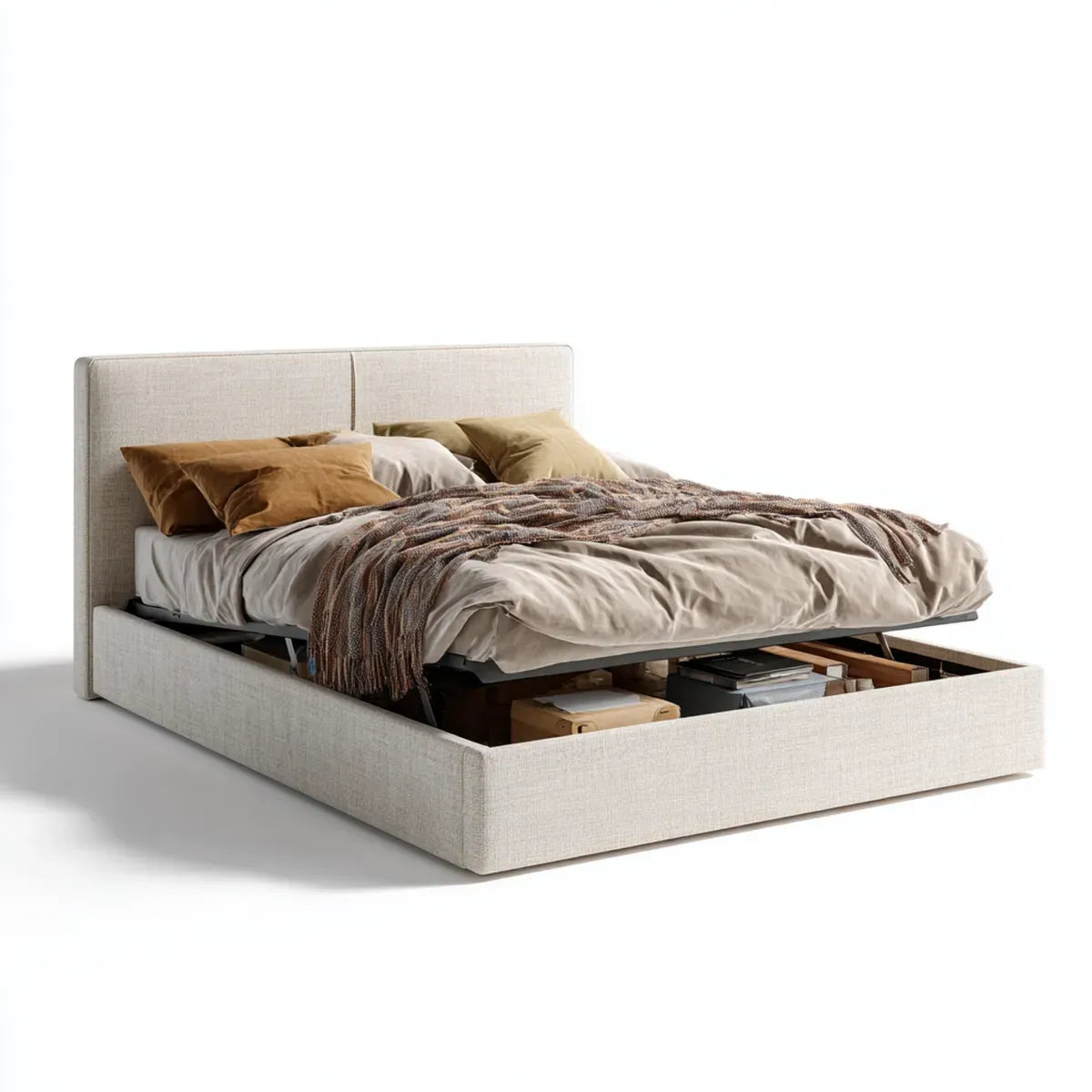 Lit coffre double beige 160 x 200 cm en polyester rectangulaire avec tête de lit rembourrée