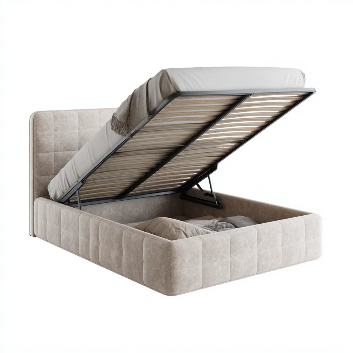 Lit coffre 160 x 200 cm beige en velours polyester avec tête de lit capitonnée