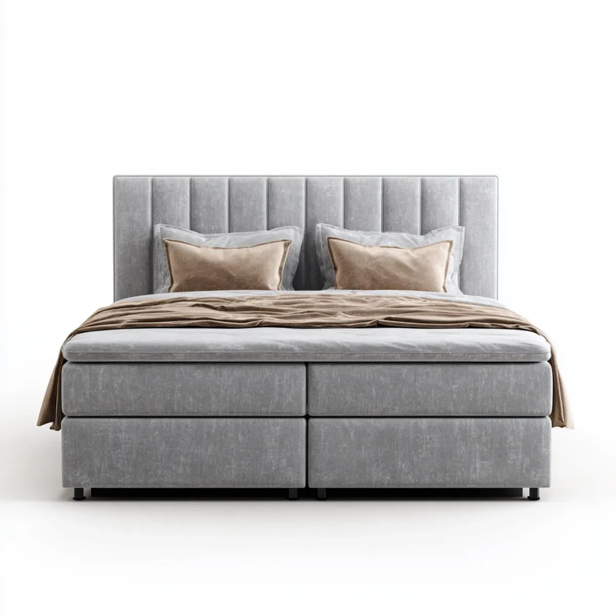 Lit double boxspring gris en velours polyester avec tête de lit capitonnée 180 x 200 cm