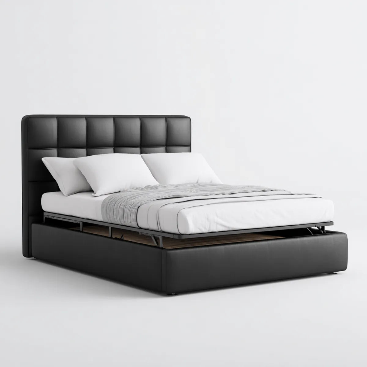 Lit coffre 160 x 200 cm noir en cuir synthétique PU avec tête de lit capitonnée rectangulaire