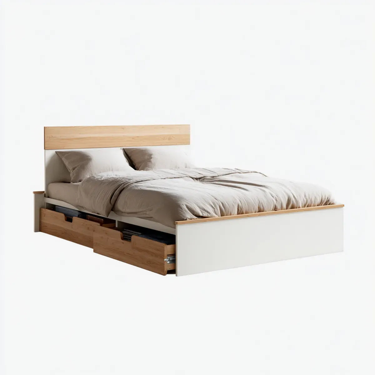 Lit double avec rangement blanc et chêne 160 x 200 cm en panneaux de particules rectangulaire