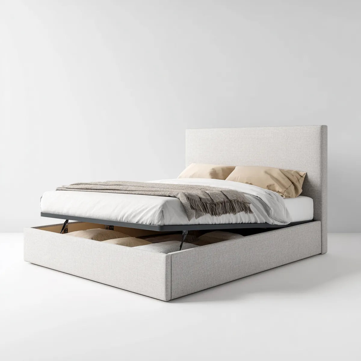 Lit coffre double gris clair 160 x 200 cm en polyester rectangulaire avec rangement relevable