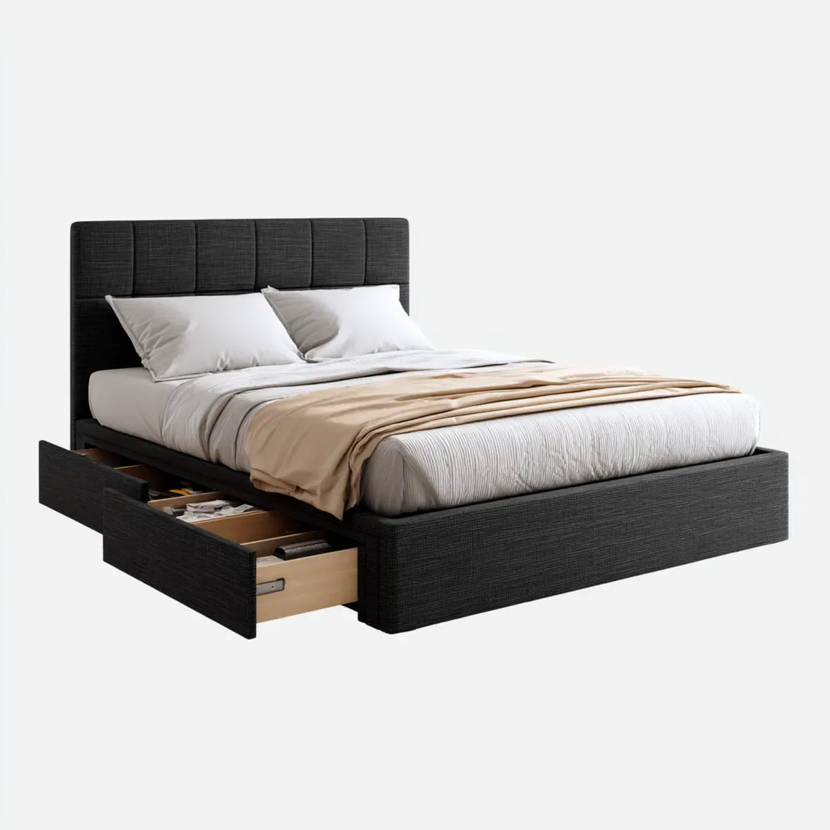 Lit double avec tiroirs noir 160 x 200 cm en panneaux MDF et polyester rectangulaire